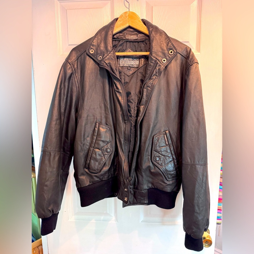 Members Only Leather Bomber Jacket with Ribbed Cuffs